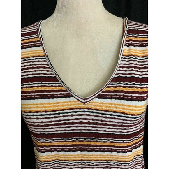 Zara Womens Yellow White Burgundy Striped V Neck Short Sleeve Top T Shirt Small - Picture 2 of 6